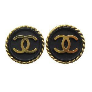 Auth Chanel Button Earrings Clip-On Black